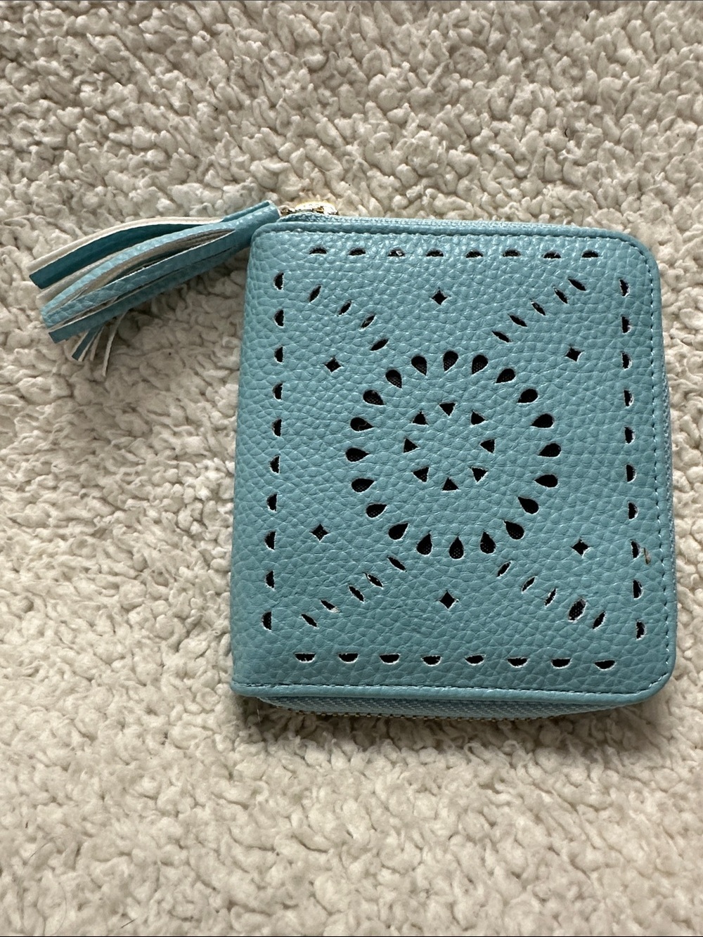 cleobella super cut turquoise zip wallet, gold trim, tassel,cutouts design NWOT